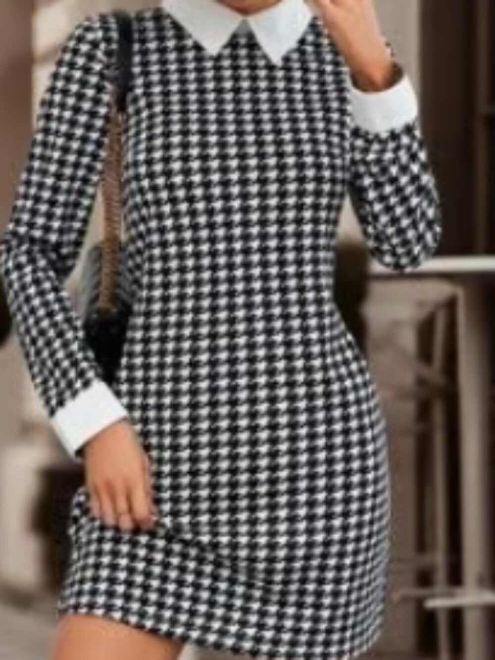 Houndstooth Print Long Sleeve Mini Dress